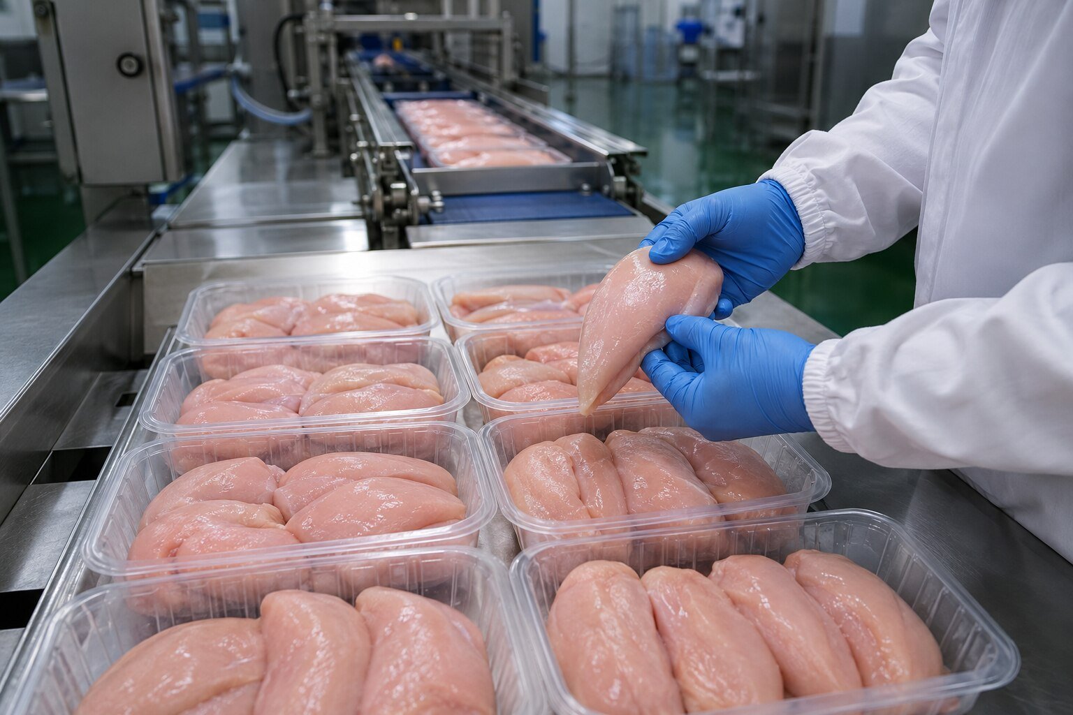 Quality inspection of unbranded chicken portions in a hygienic processing environment