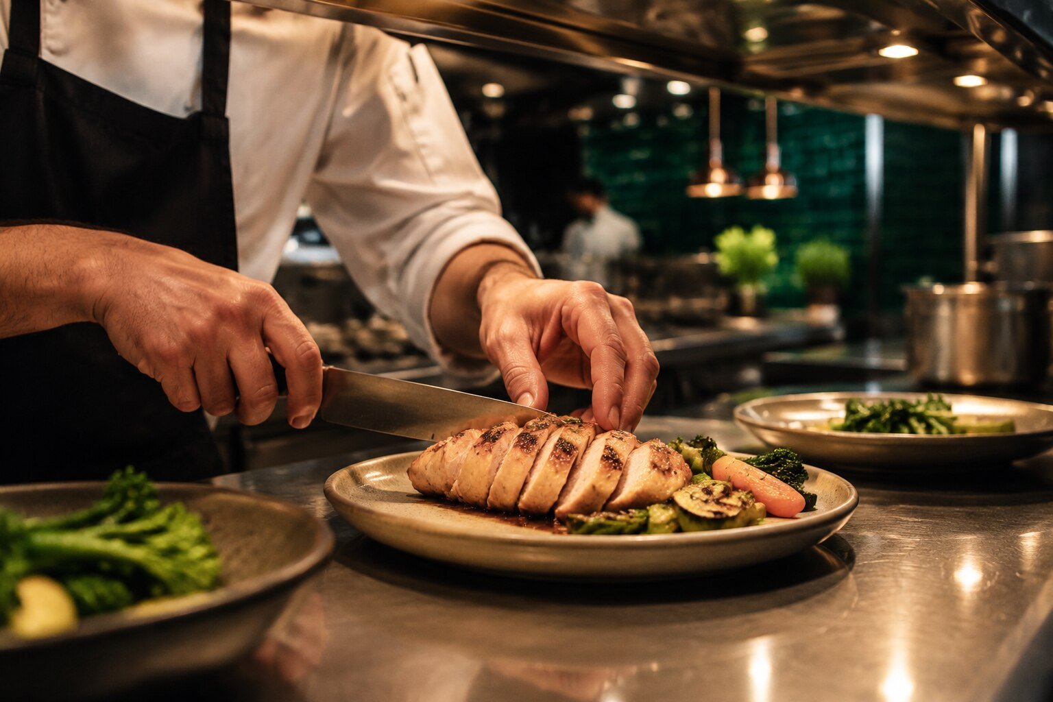 Chef slicing and plating grilled chicken in a professional European kitchen