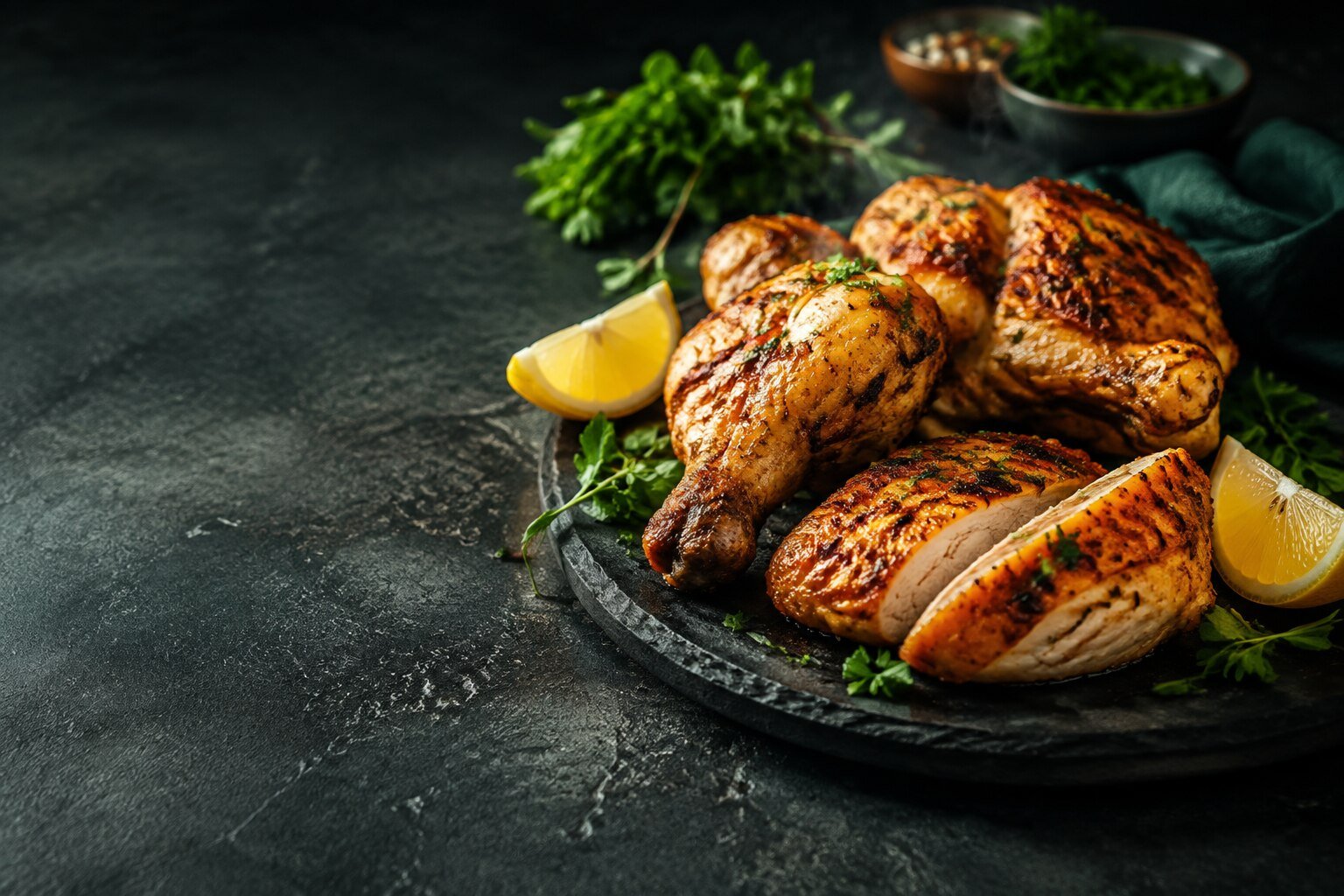 Premium grilled chicken portions with herbs and lemon on dark stone