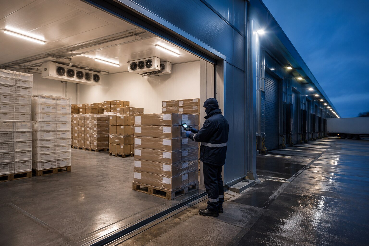 Worker scanning unbranded food shipments at a modern refrigerated distribution hub
